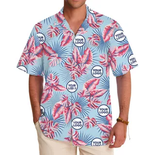 Tropical Leaves Blue And Red Hawaiian Shirt With Logos