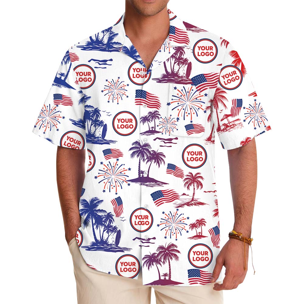 White Red And Blue Palm Tree Button Up Shirt With Logos - variant image 1
