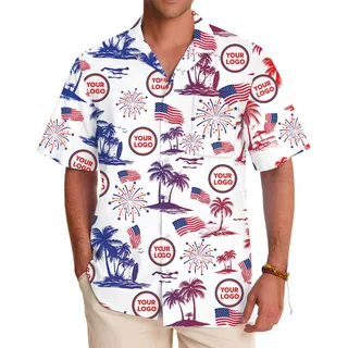 White Red And Blue Palm Tree Button Up Shirt With Logos