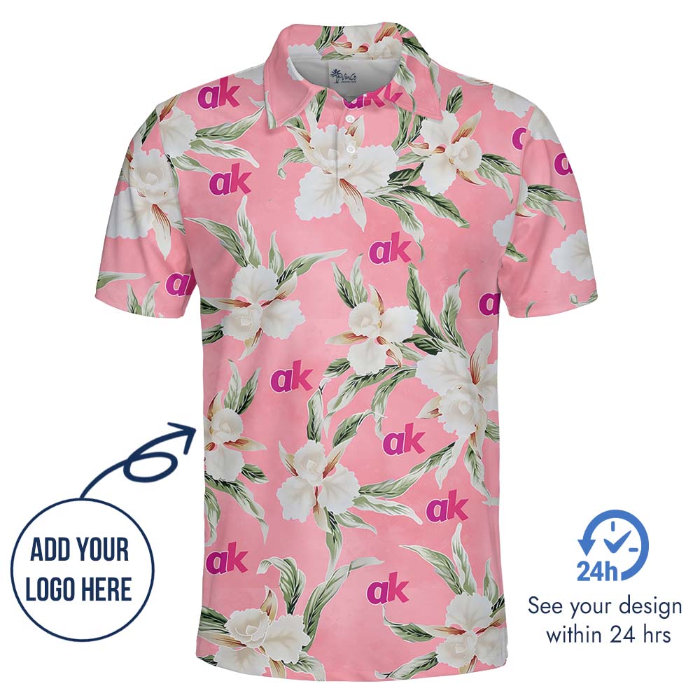 Elegant Floral Pink Polo Shirt With Custom Logos