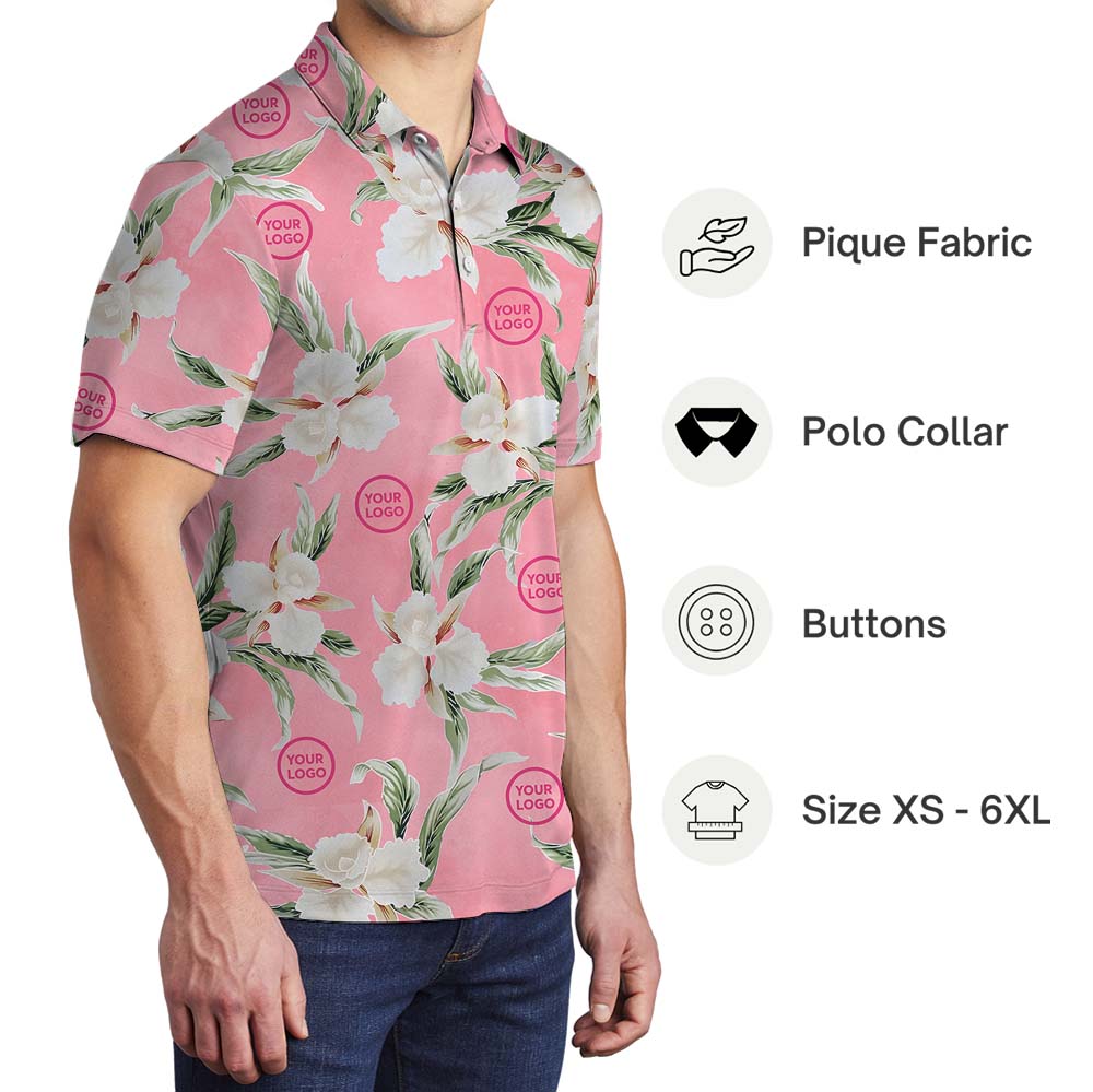 Elegant Floral Pink Polo Shirt With Custom Logos