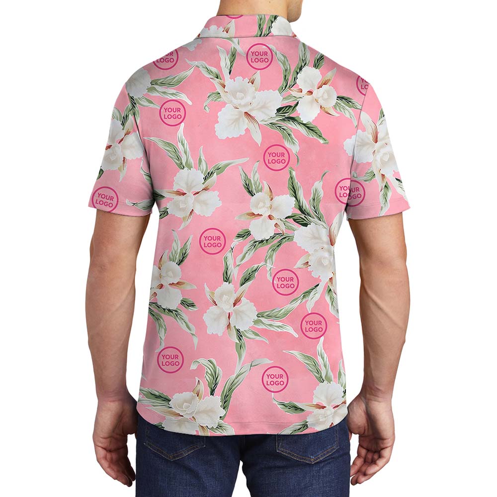 Elegant Floral Pink Polo Shirt With Custom Logos