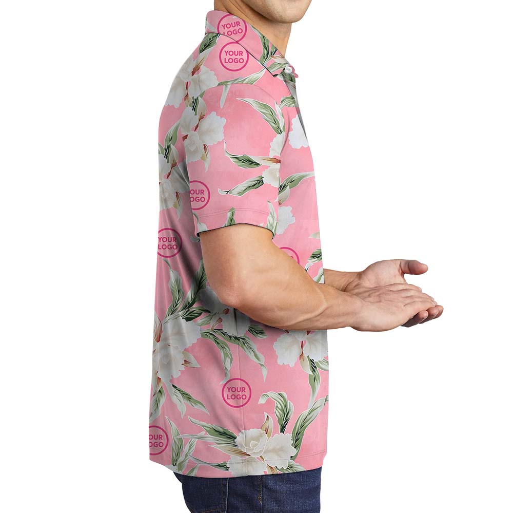 Elegant Floral Pink Polo Shirt With Custom Logos