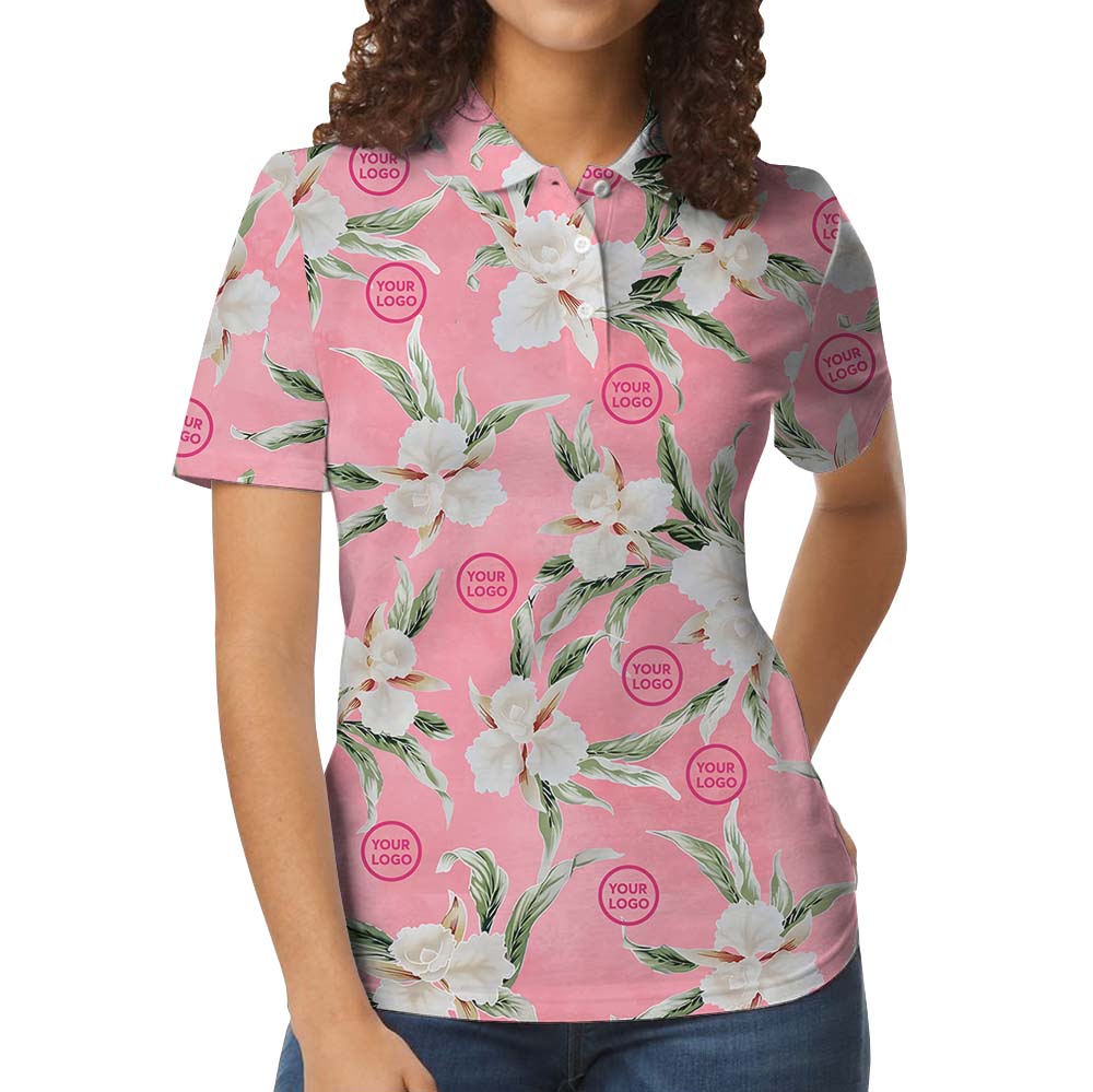 Elegant Floral Pink Polo Shirt With Custom Logos