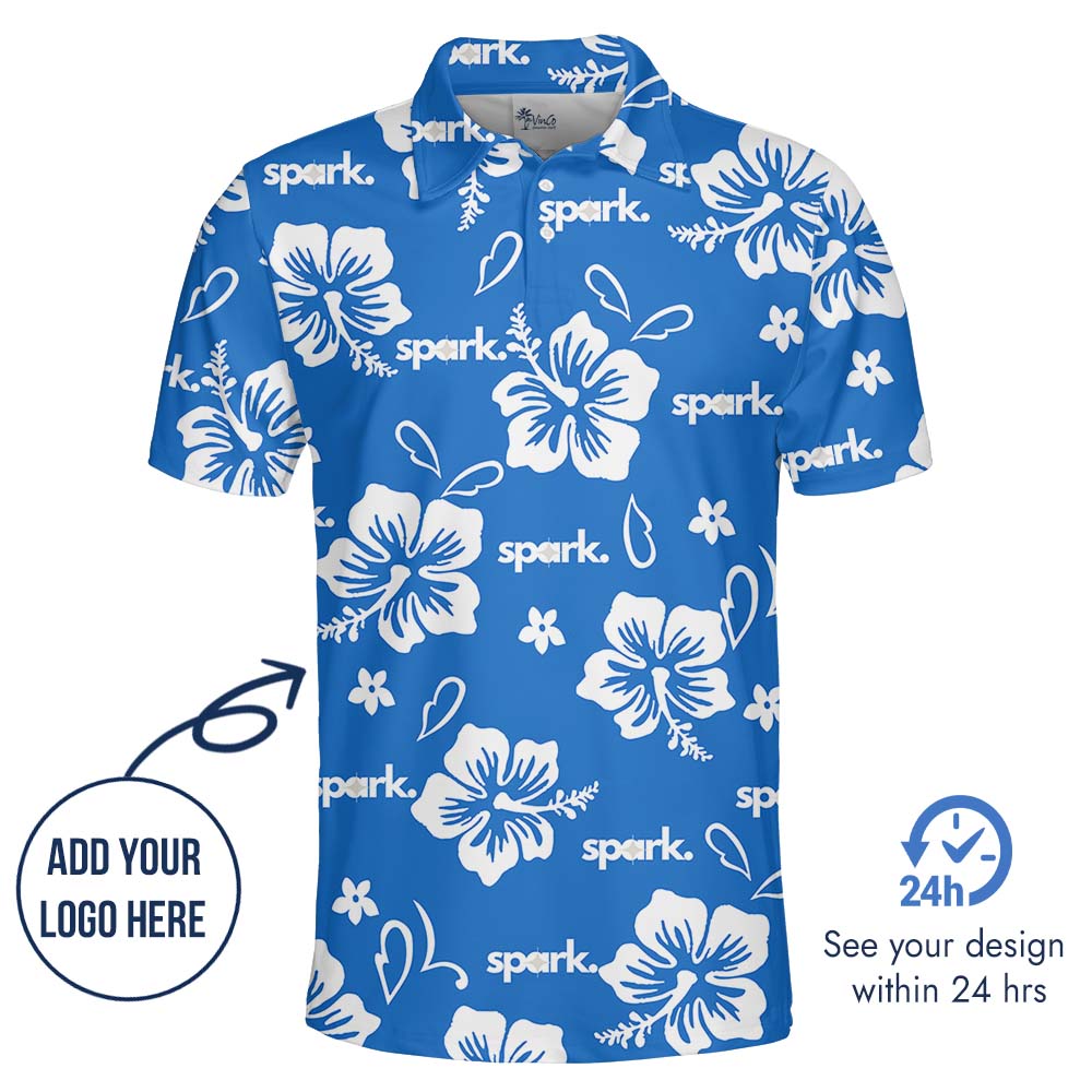 Big Hibiscus Blue Polo Shirt With Custom Logo