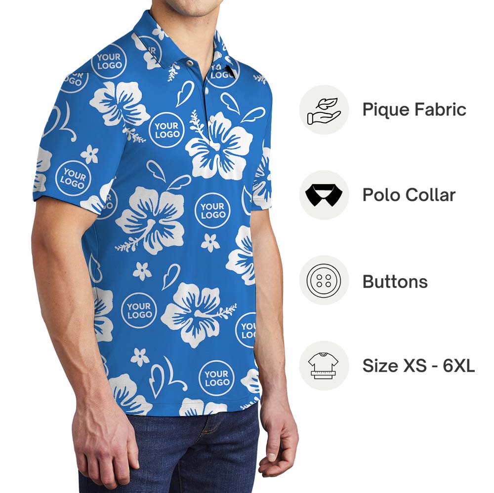 Big Hibiscus Blue Polo Shirt With Custom Logo