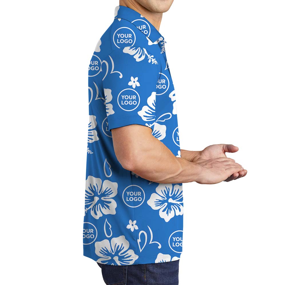 Big Hibiscus Blue Polo Shirt With Custom Logo