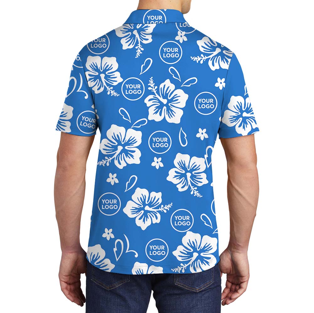 Big Hibiscus Blue Polo Shirt With Custom Logo