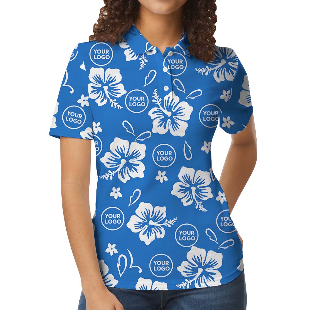 Big Hibiscus Blue Polo Shirt With Custom Logo