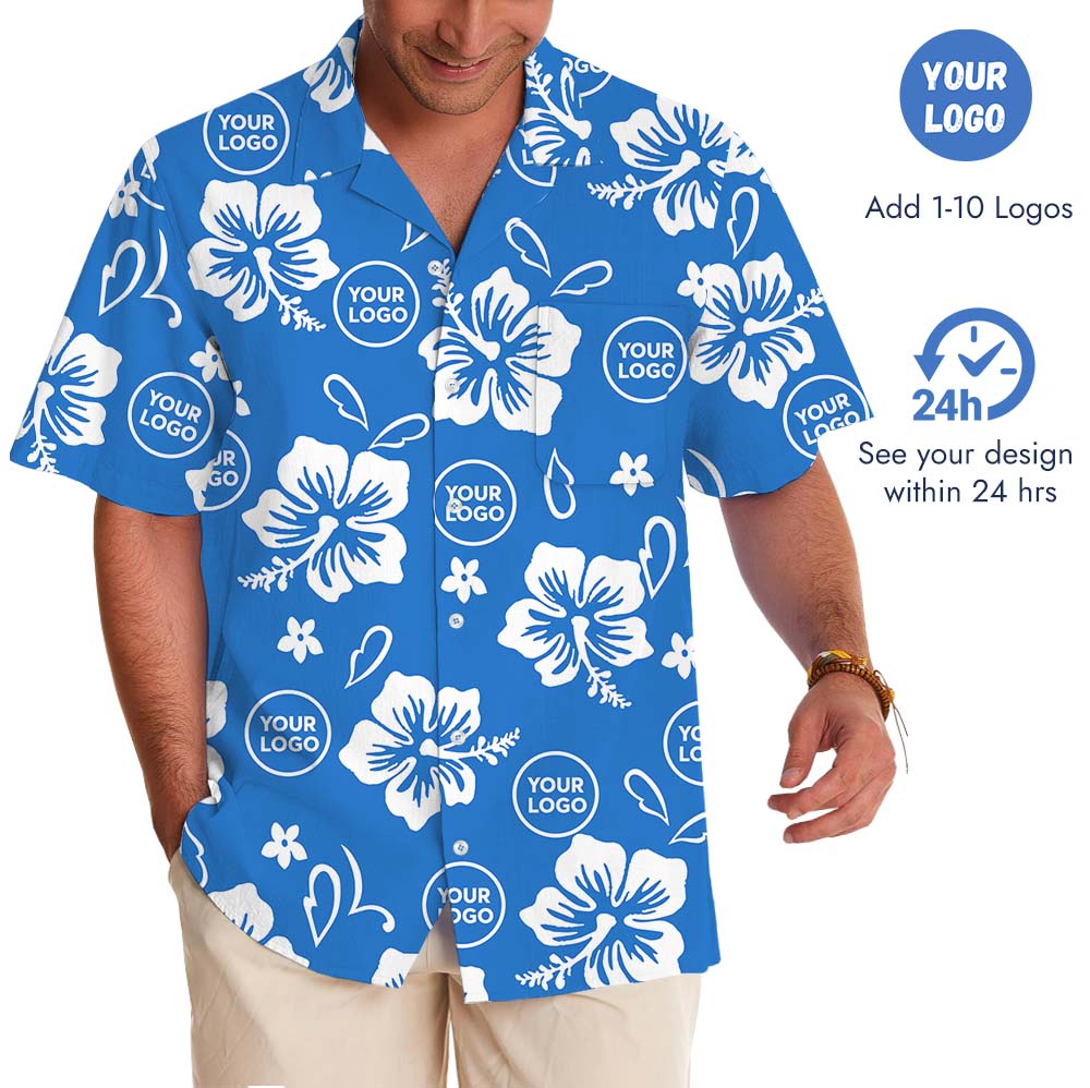 Blue Aloha Hawaiian Shirt With Multiple Logos