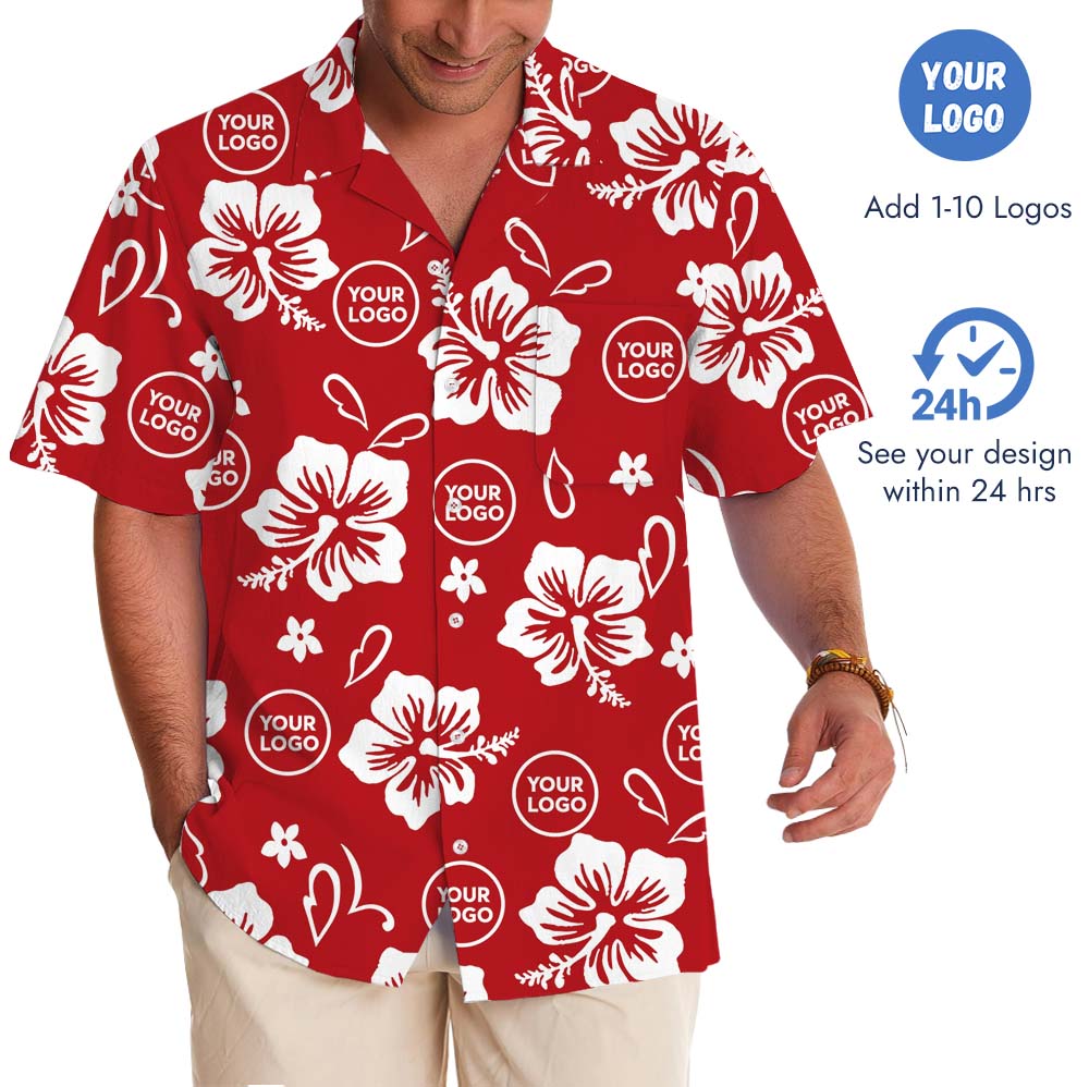 White And Red Floral Hawaiian Shirt With Your Logo Print