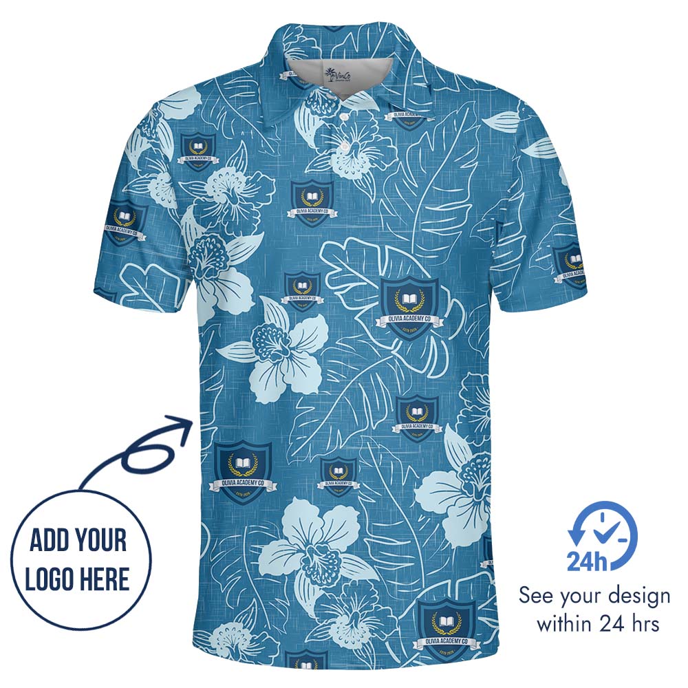 Tropical Print Blue Polo Shirt With Custom Logo