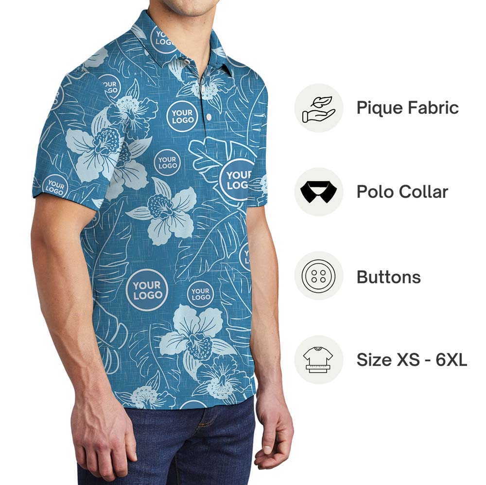 Tropical Print Blue Polo Shirt With Custom Logo