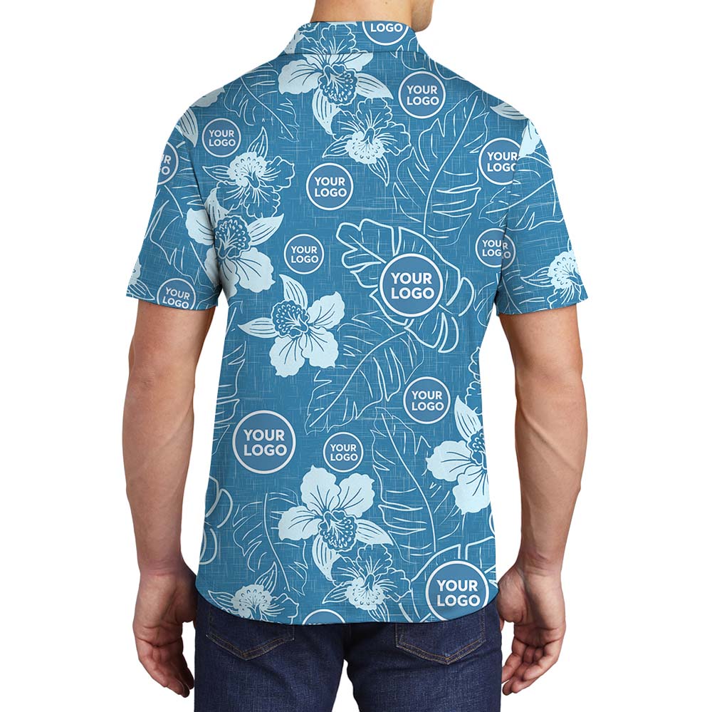 Tropical Print Blue Polo Shirt With Custom Logo