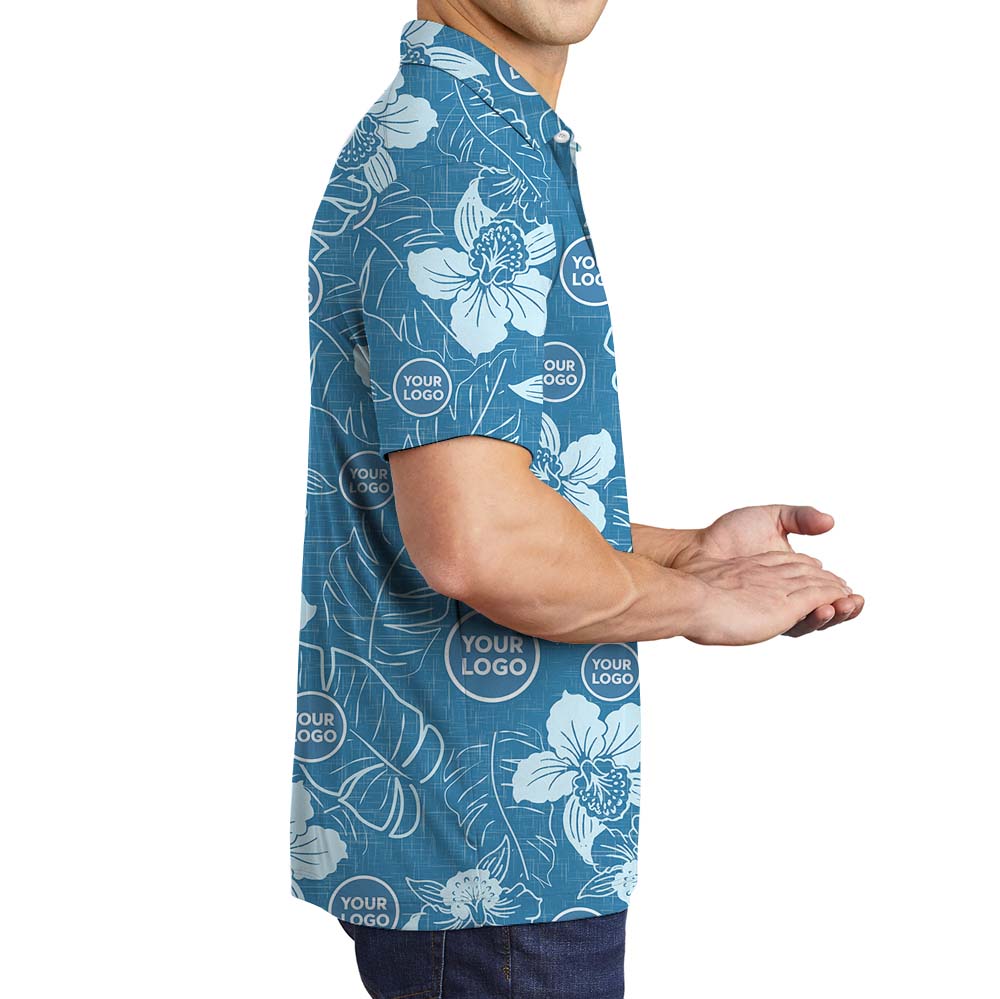 Tropical Print Blue Polo Shirt With Custom Logo