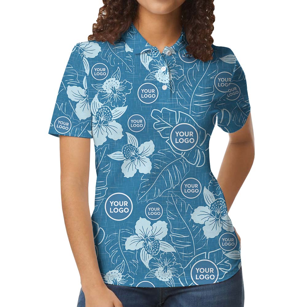 Tropical Print Blue Polo Shirt With Custom Logo