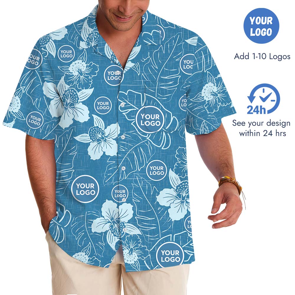 Elegant Floral Blue Hawaiian Shirt With Custom Logo