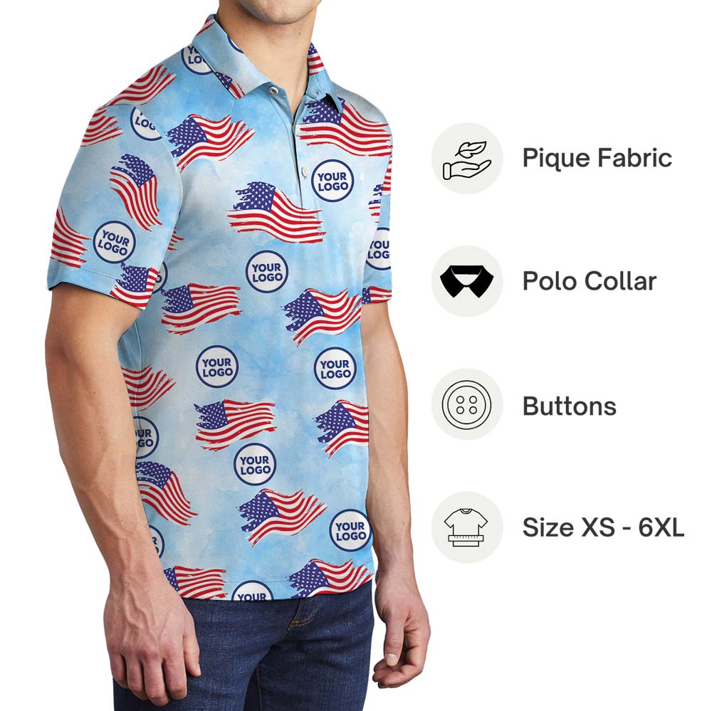 American Flag Blue Polo Shirt With Custom Face Or Logo