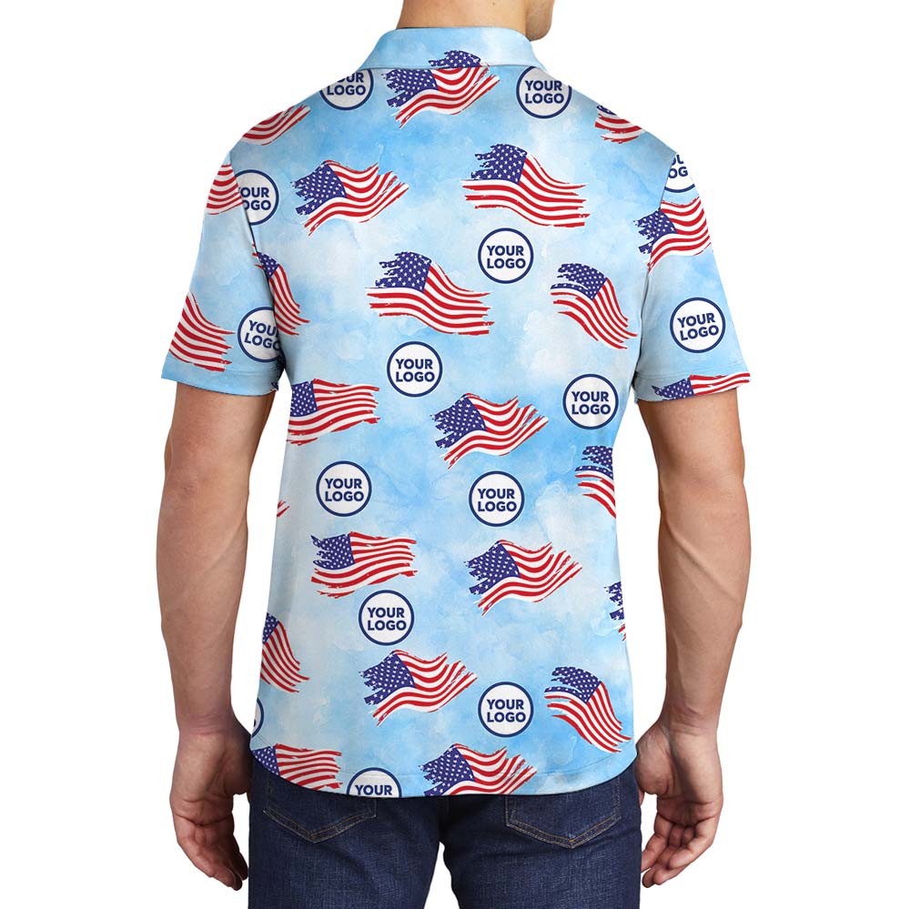American Flag Blue Polo Shirt With Custom Face Or Logo
