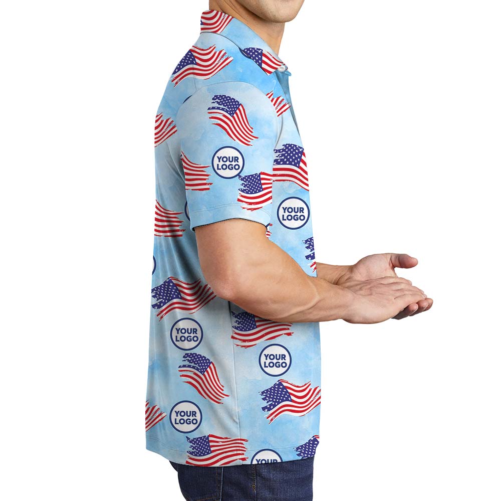 American Flag Blue Polo Shirt With Custom Face Or Logo