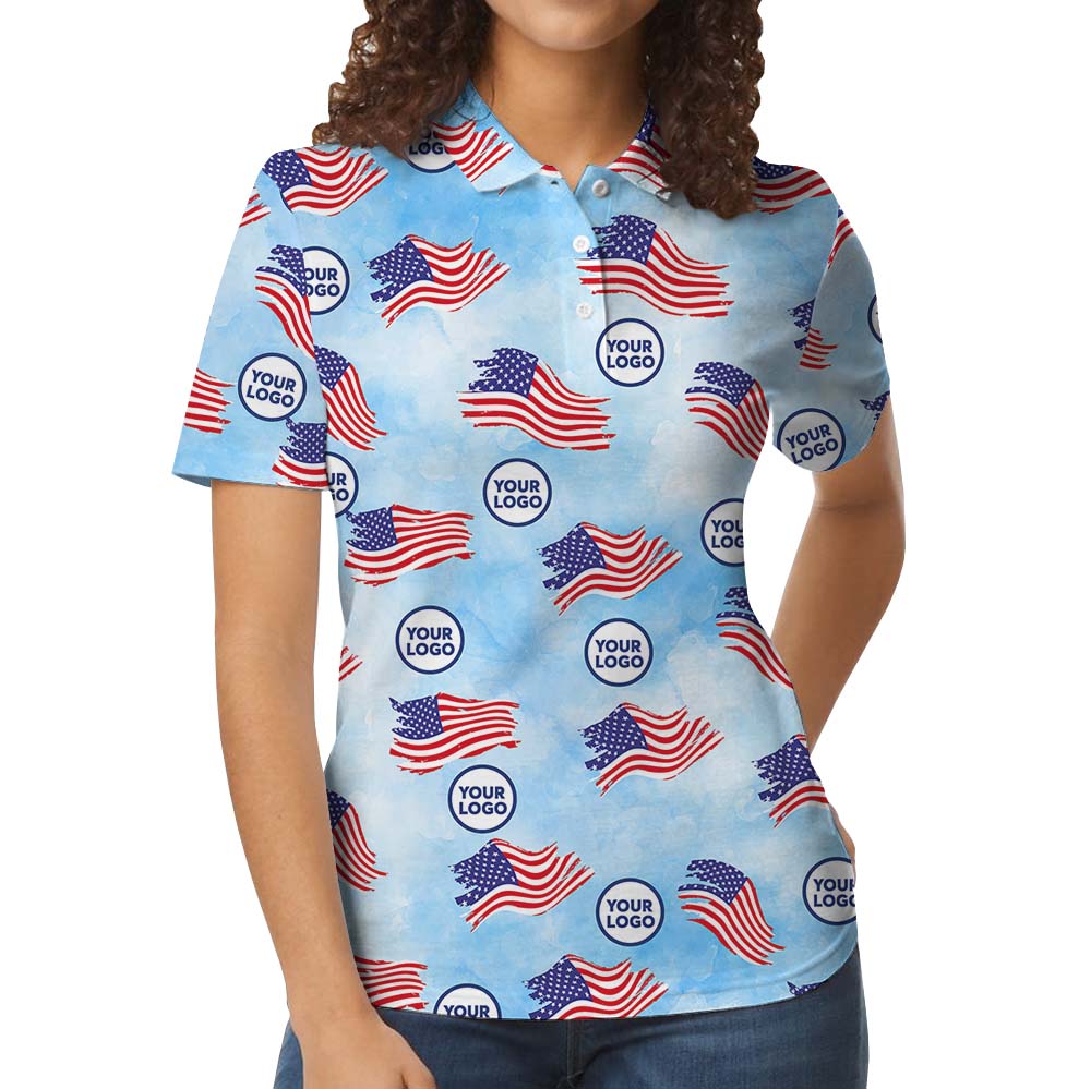 American Flag Blue Polo Shirt With Custom Face Or Logo