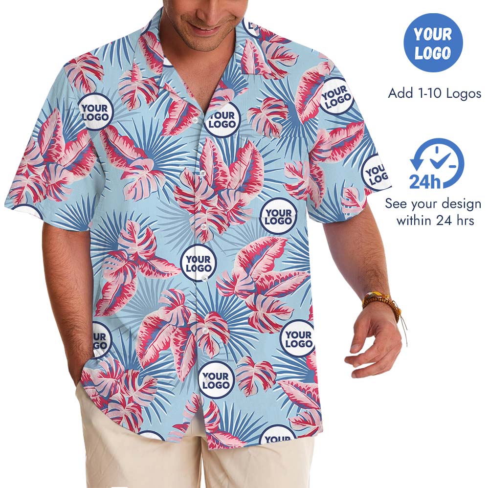 Tropical Leaves Blue And Red Hawaiian Shirt With Logos