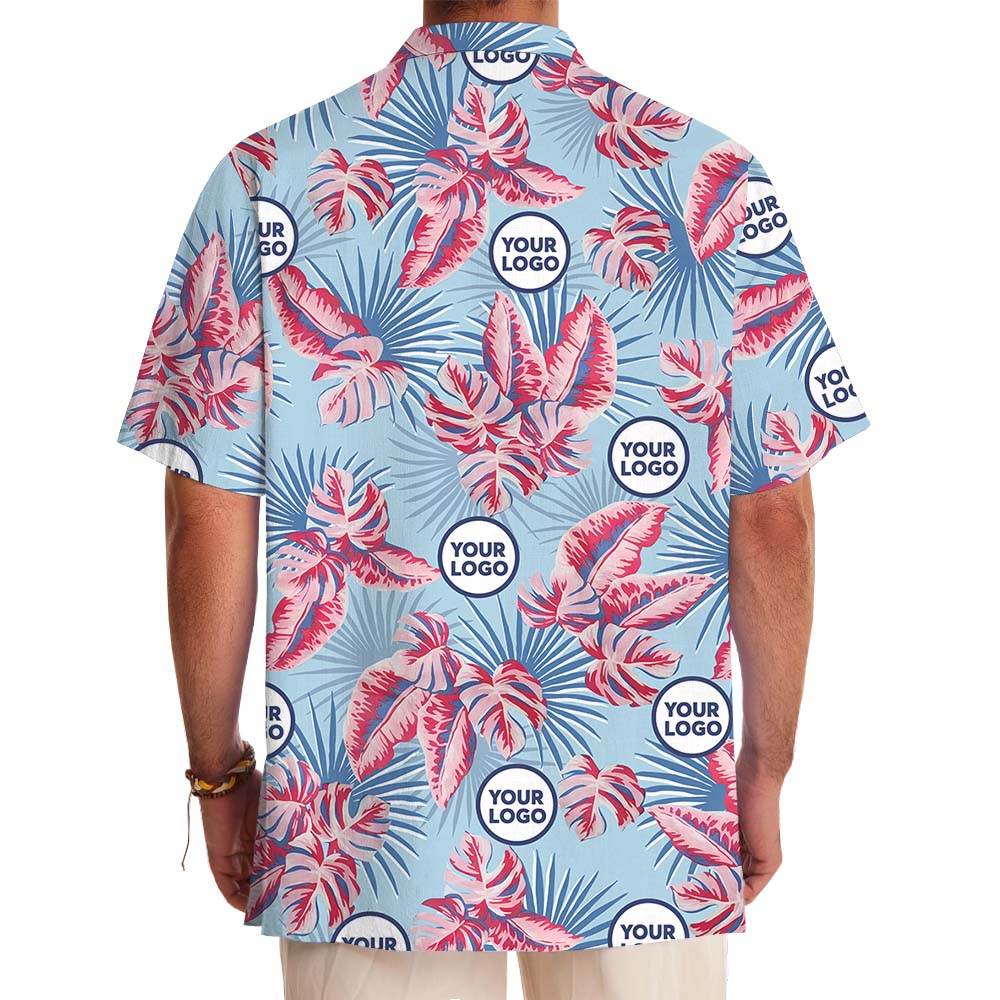 Tropical Leaves Blue And Red Hawaiian Shirt With Logos