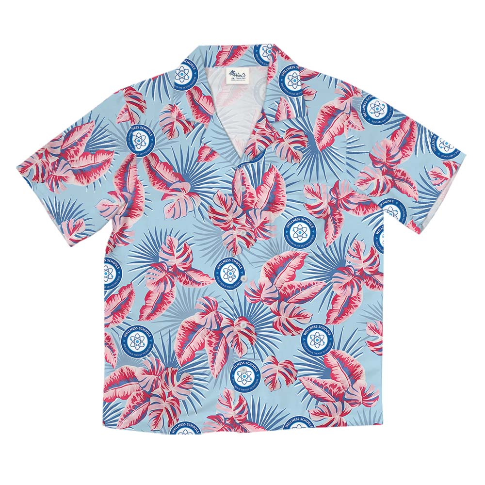 Tropical Leaves Blue And Red Hawaiian Shirt With Logos