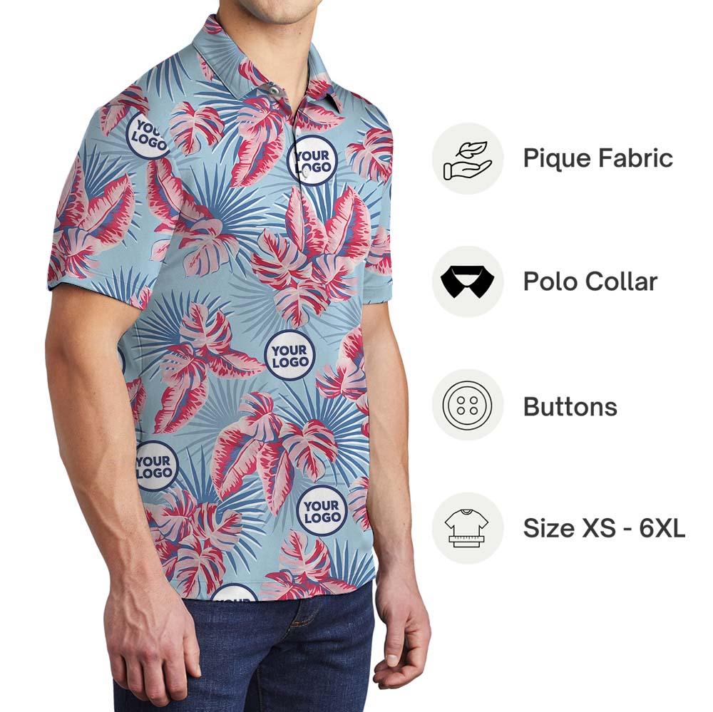 Tropical Blue Collared Polo Shirt With Logo Printed
