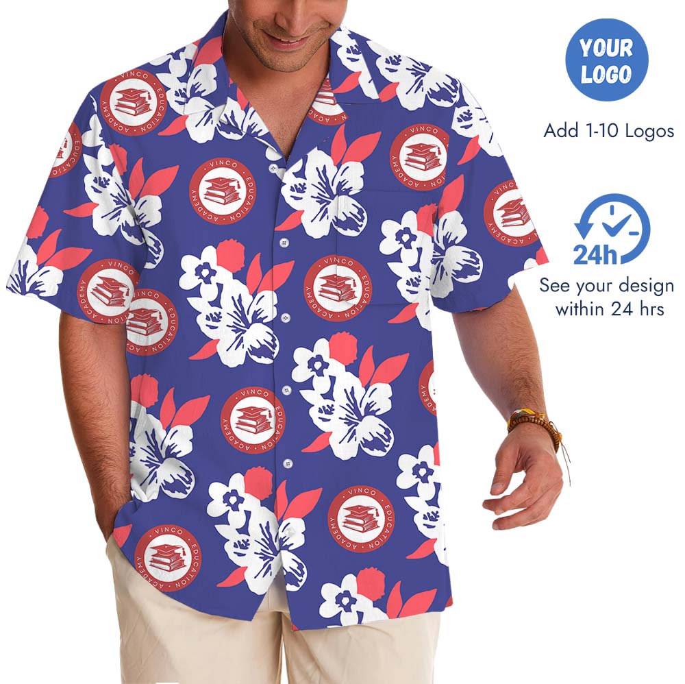 Navy And Red Button Up Shirt With Custom Logo