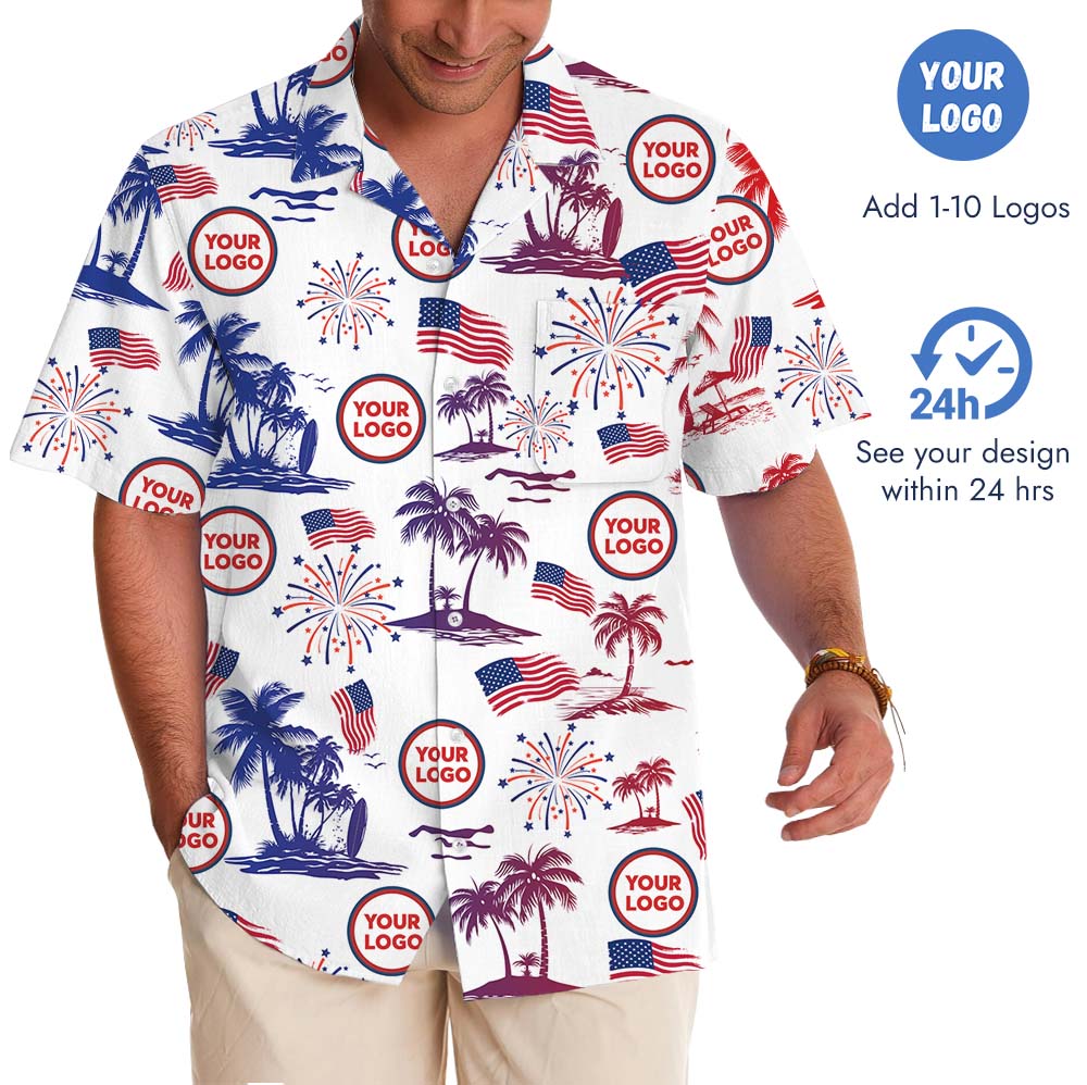White Red And Blue Palm Tree Button Up Shirt With Logos