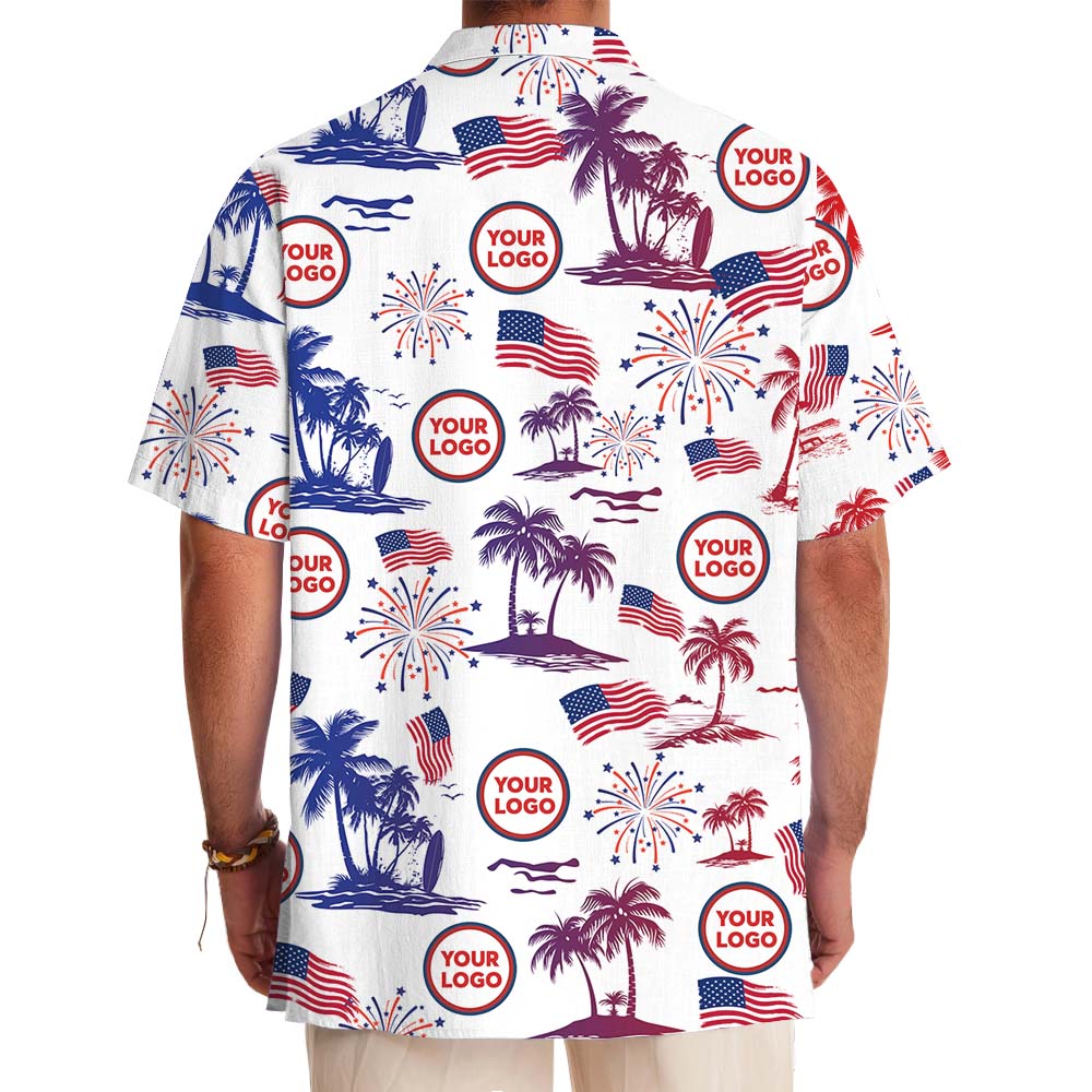 White Red And Blue Palm Tree Button Up Shirt With Logos
