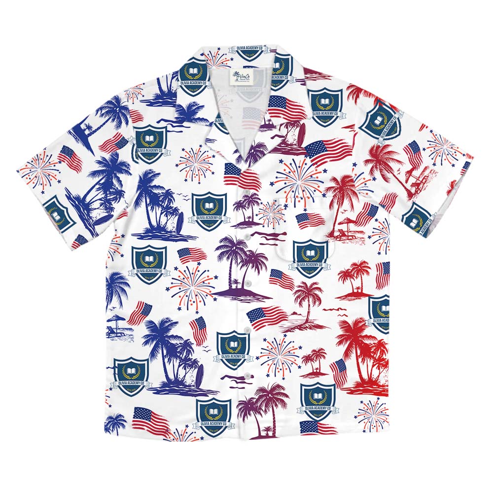 White Red And Blue Palm Tree Button Up Shirt With Logos