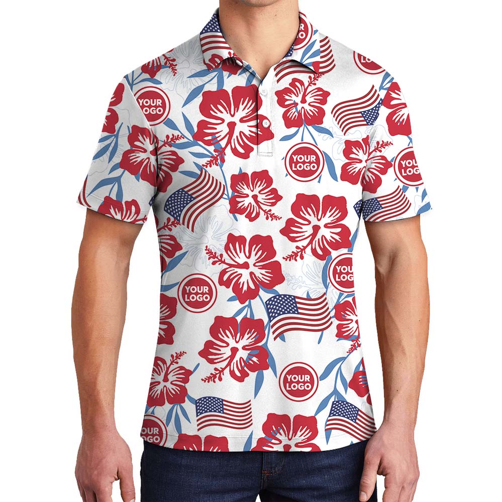 Patriotic American Flag Floral Polo Shirt With Logo - variant image 1