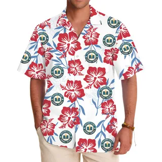 White Red And Blue Floral Aloha Shirt With Logo