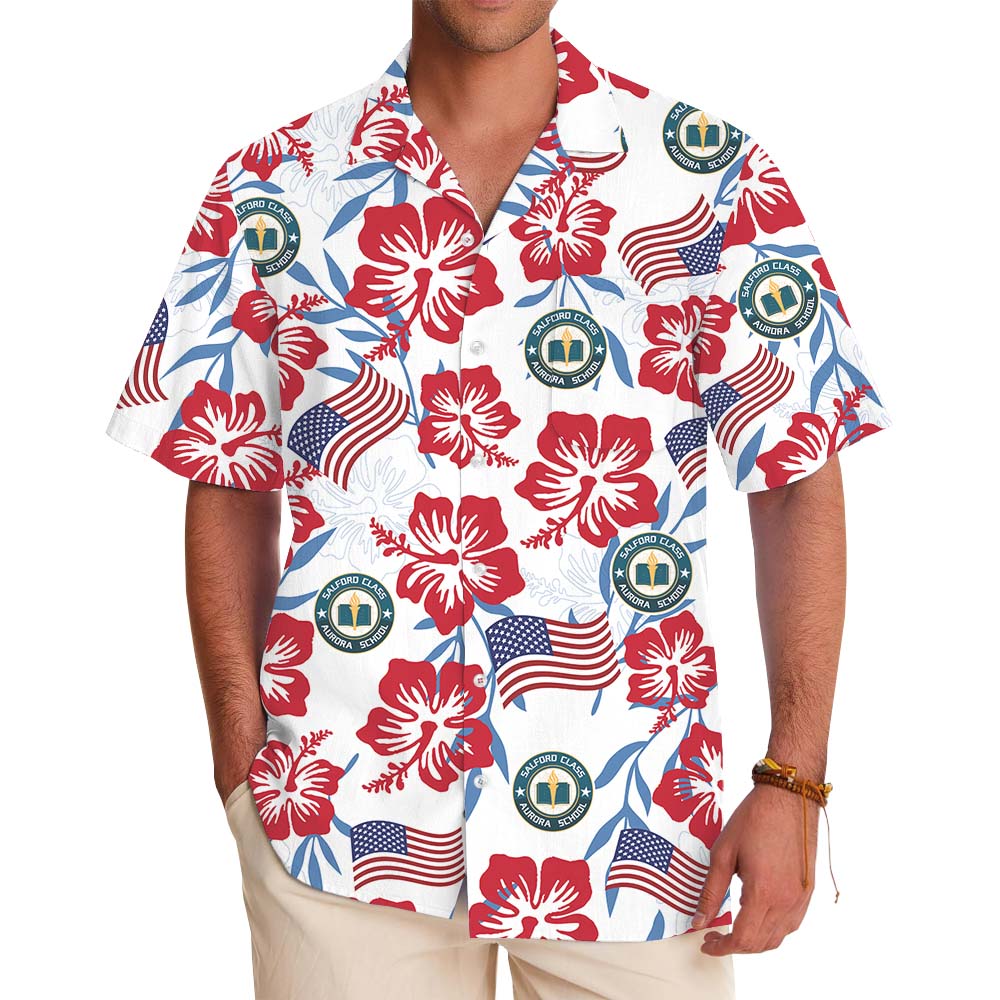 White Red And Blue Patriotic Hawaiian Shirt With Logo - variant image 1