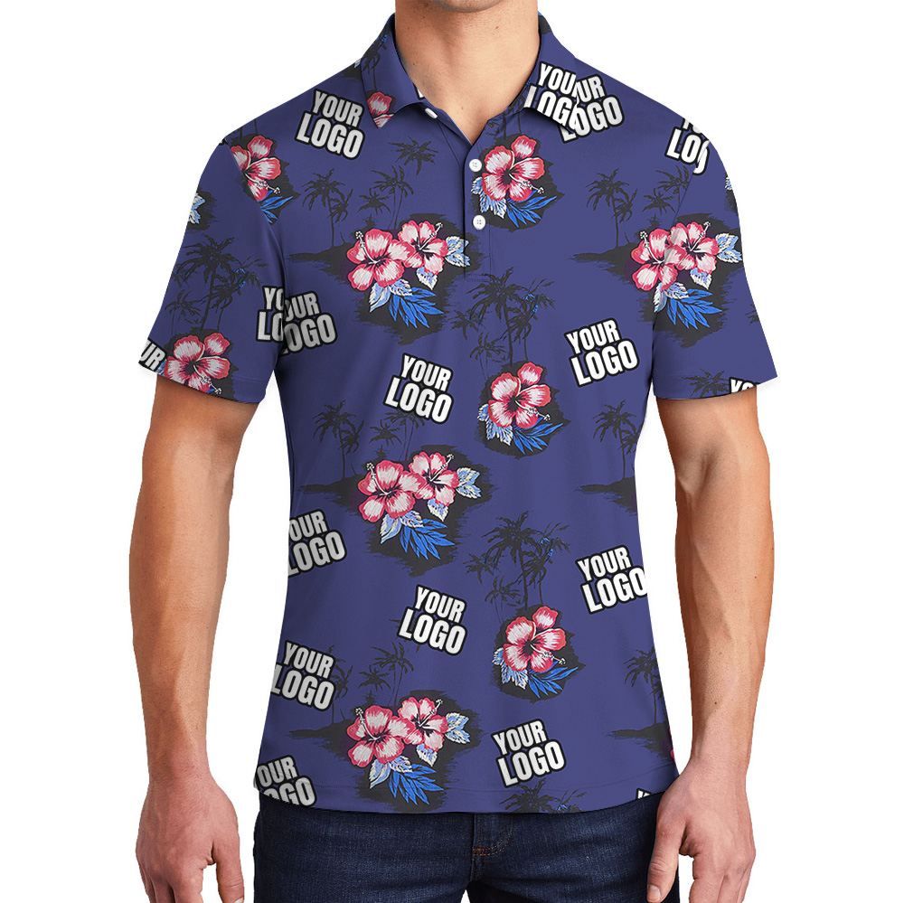 Navy Hibiscus Vintage Polo Shirt With Custom Logo - variant image 1