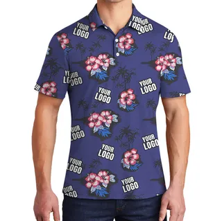 Navy Hibiscus Vintage Polo Shirt With Custom Logo