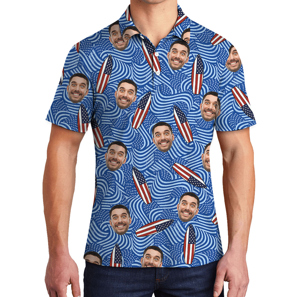 American Flag Blue Surfing Polo Shirt With Custom Logo - variant image 1