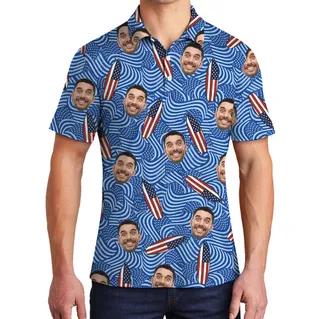 American Flag Blue Surfing Polo Shirt With Custom Logo