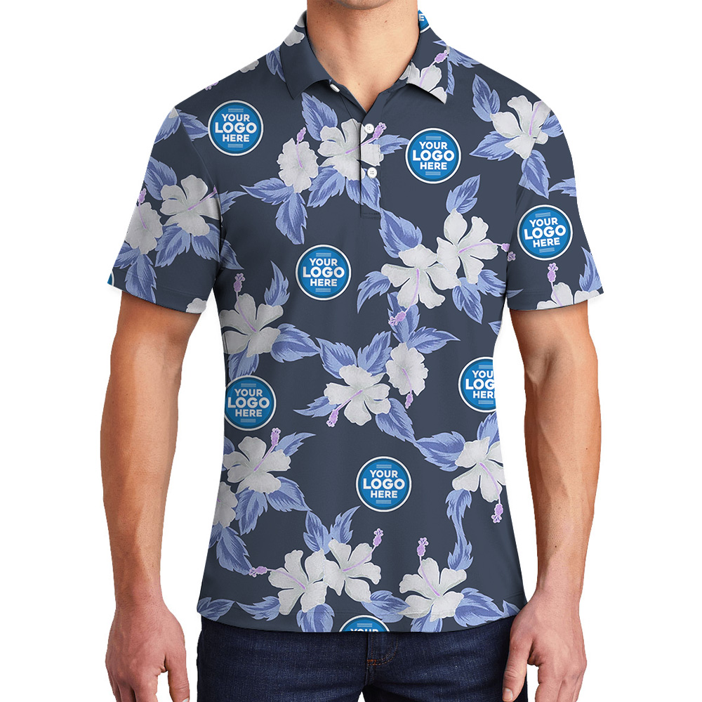 Floral Navy Polo Shirt With Custom Multiple Logos - variant image 1