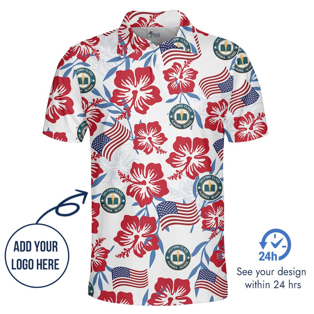 Patriotic American Flag Floral Polo Shirt With Logo