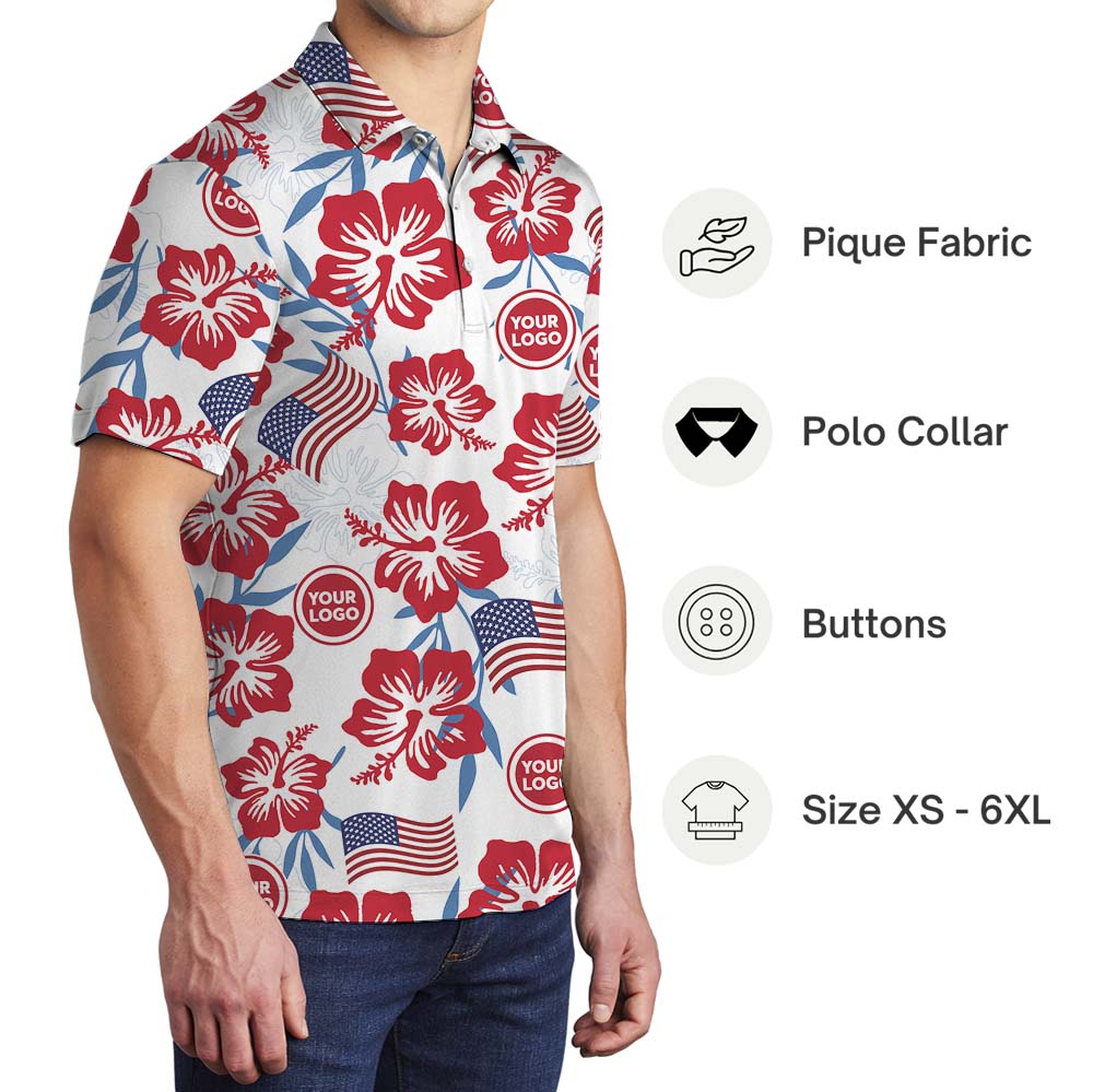 Patriotic American Flag Floral Polo Shirt With Logo