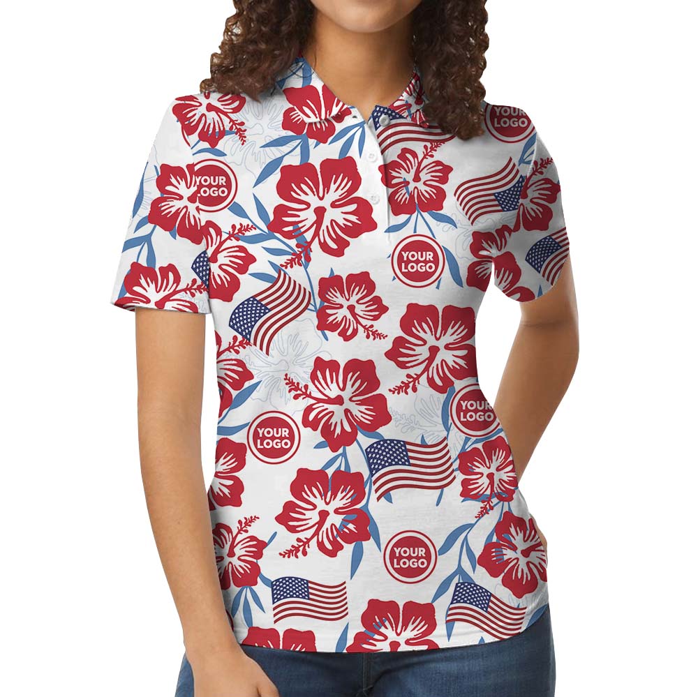 Patriotic American Flag Floral Polo Shirt With Logo