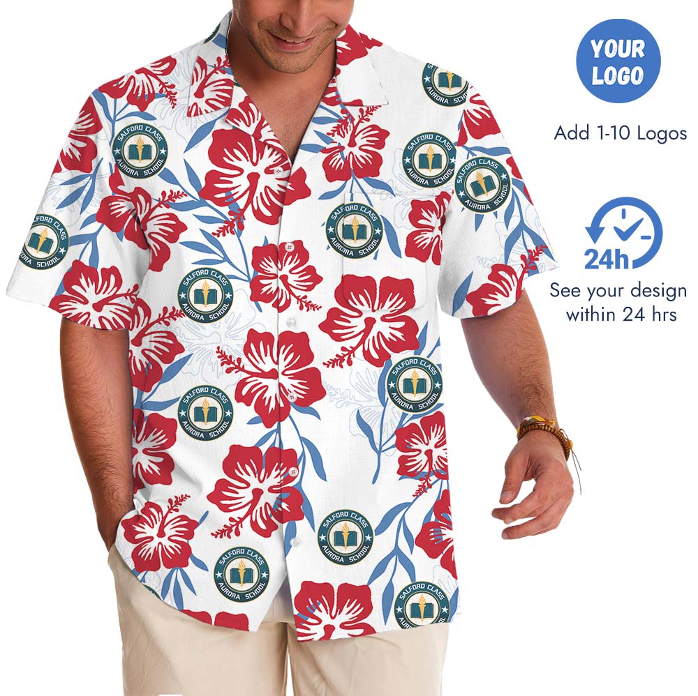 White Red And Blue Floral Aloha Shirt With Logo