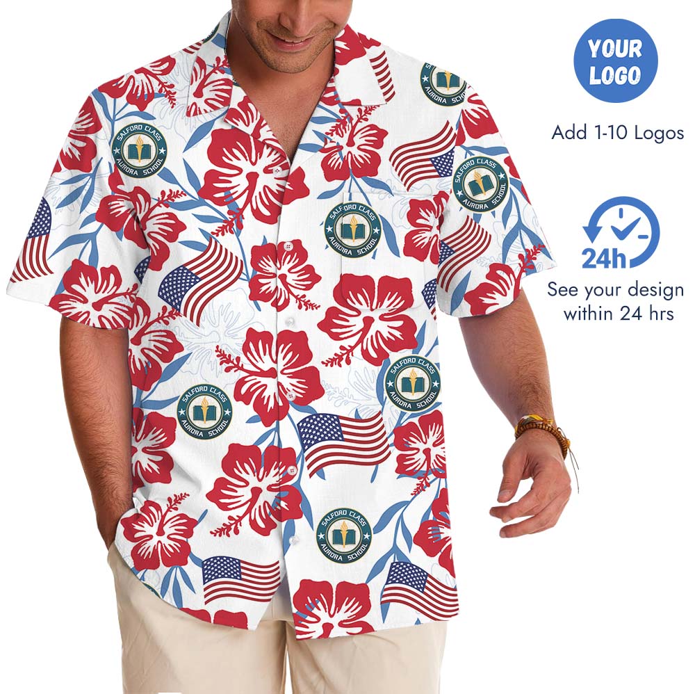 White Red And Blue Patriotic Hawaiian Shirt With Logo