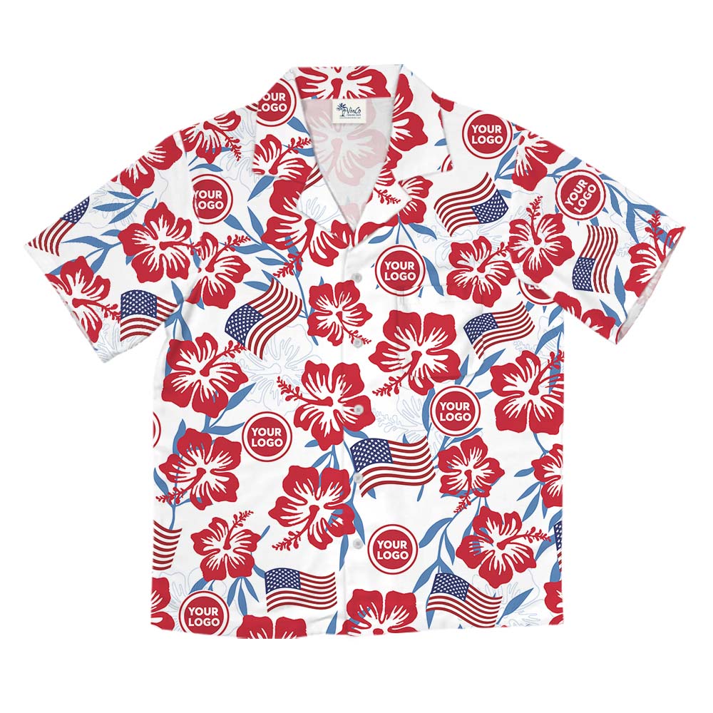 White Red And Blue Patriotic Hawaiian Shirt With Logo