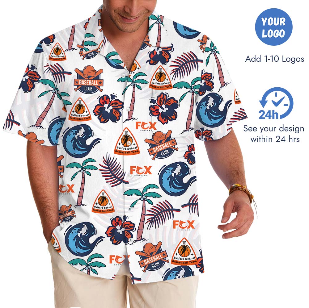 Beach Vibe Button Up Shirts With Multiple Logos On Them
