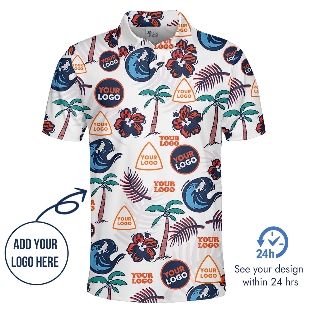 Palm Tree White Polo Shirt With 1-10 Logos
