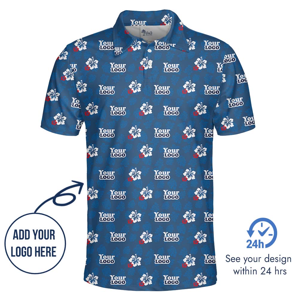Blue Hibiscus Aloha Collared Polo Shirt With Logo